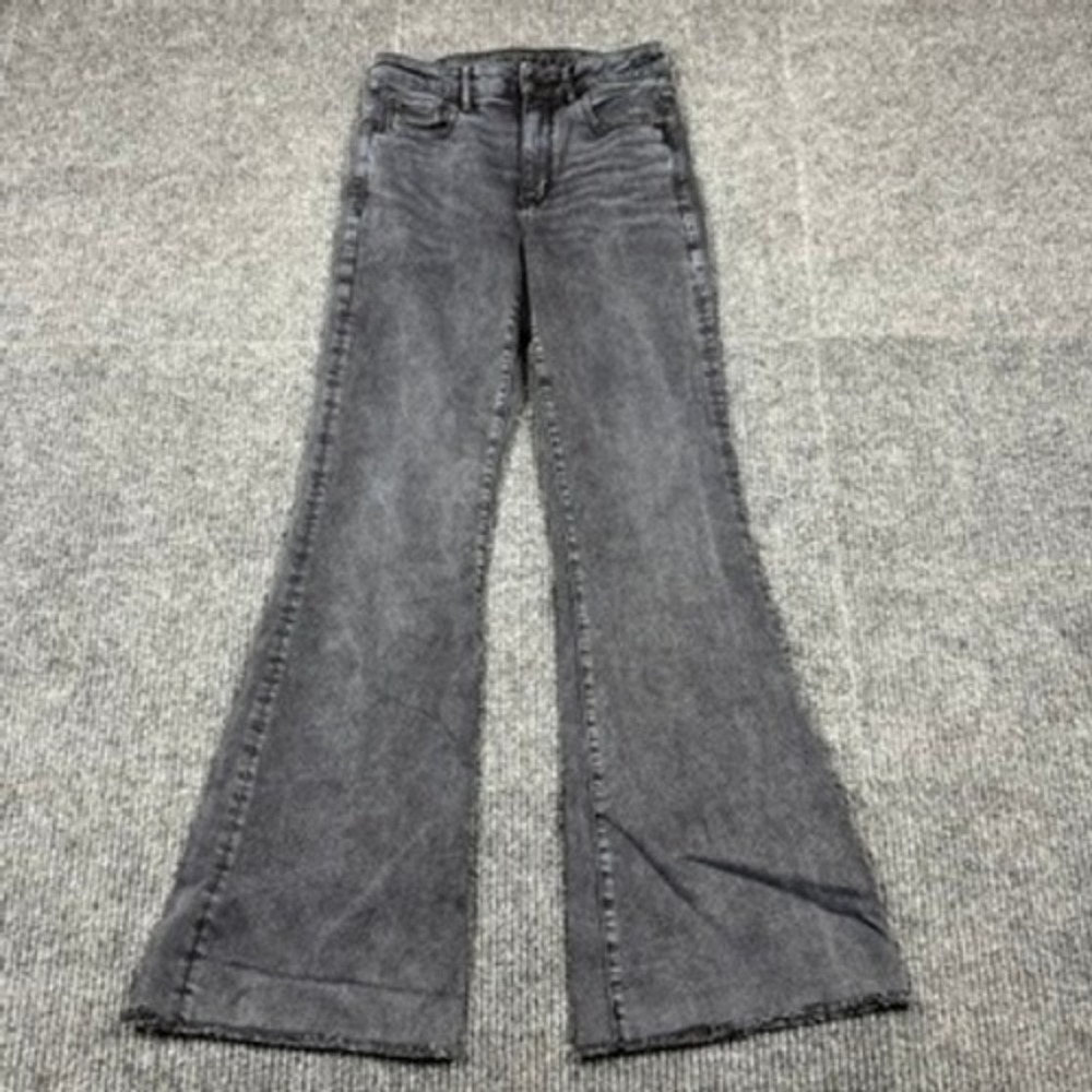 American Eagle Super Hi-Rise Flare Jeans Black Distressed Next Level Stretch 26